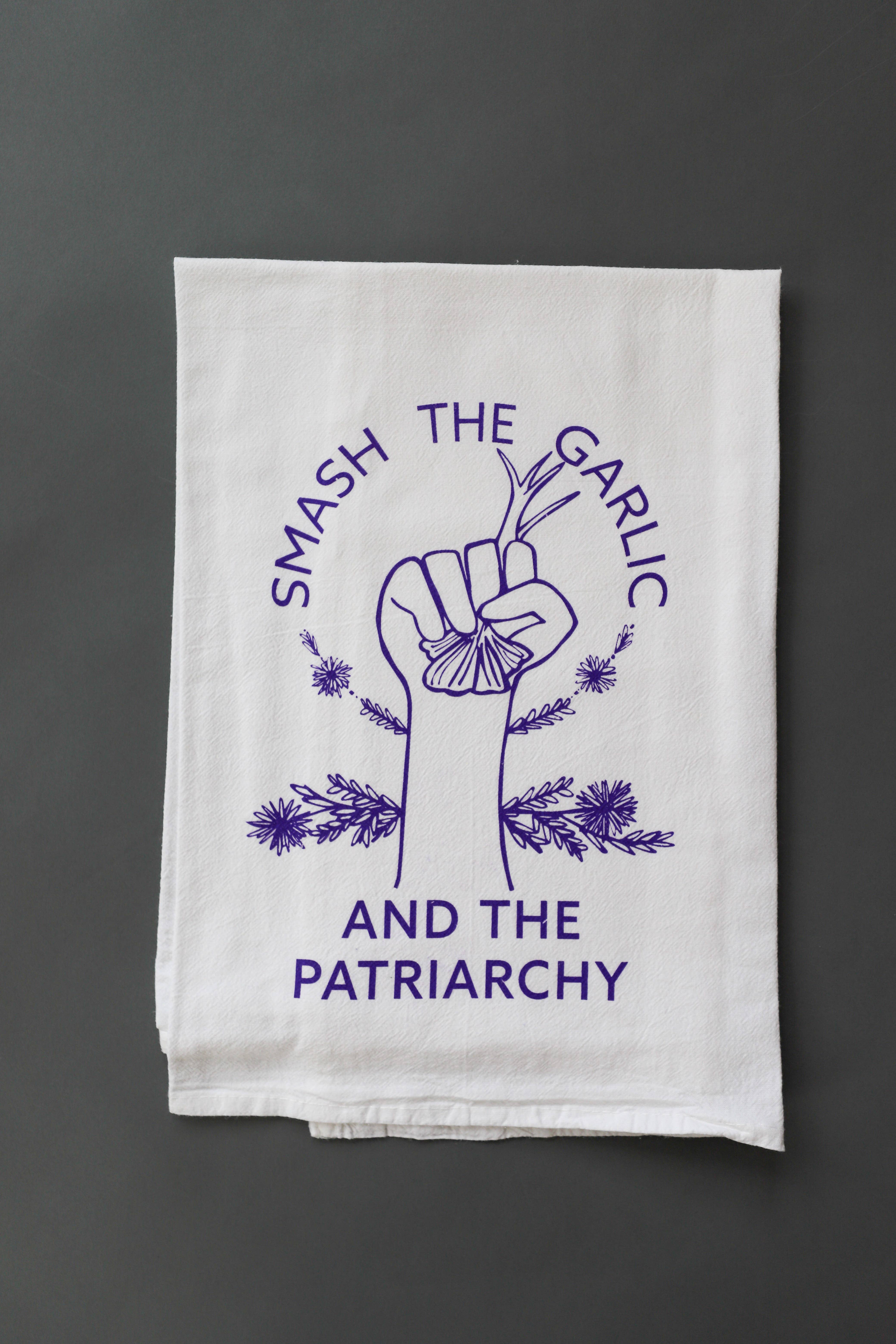 Overseasoned - Wholesale Tea Towel - Smash the Garlic and the Patriarchy™ Tea Towel -feminist art