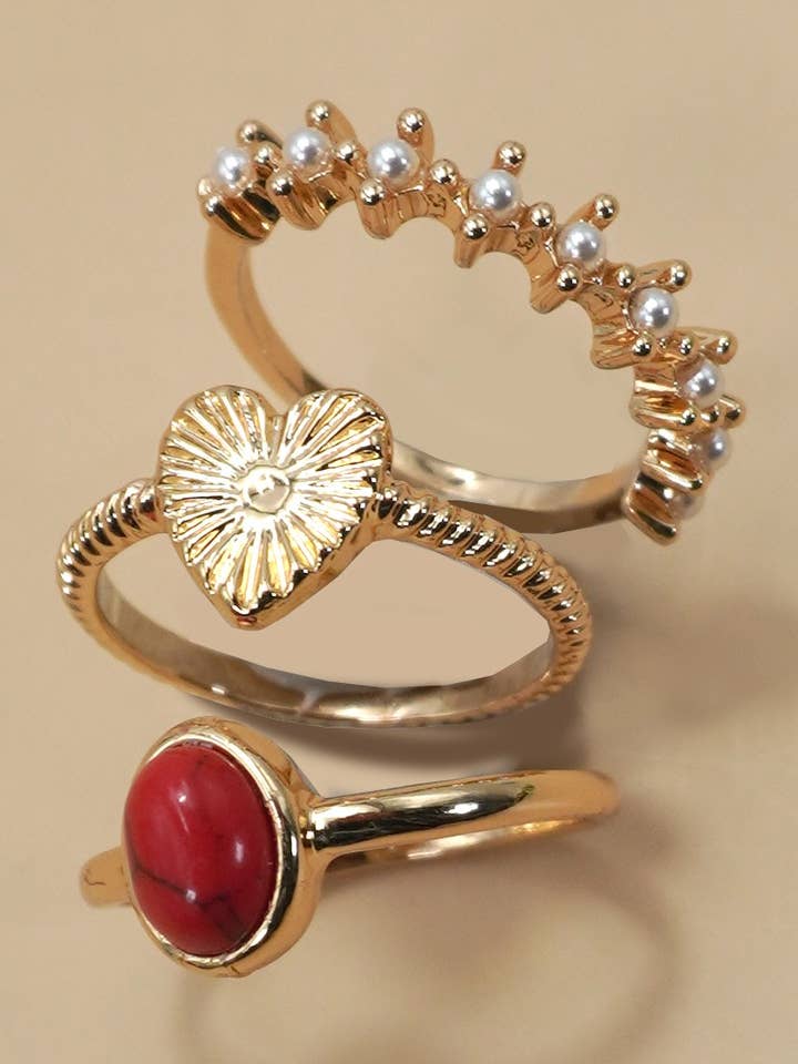 HEART STONE PEARL 3 RING SET | 80R131 for wholesale by JOSSLYN by wall to wall