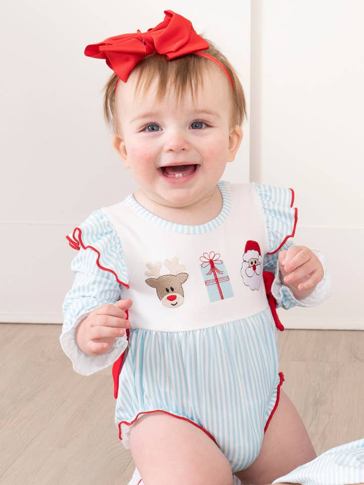 Marie Nicole Clothing - Wholesale Bodysuit (Non-Footed) - Baby - Red & Blue Embroidered Season's Greetings Ruffle Bubble