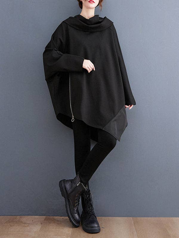 BLACK Long Sleeves Loose Asymmetric Split-Joint Zipper Heaps Collar Sweatshirt Tops for wholesale on Faire1