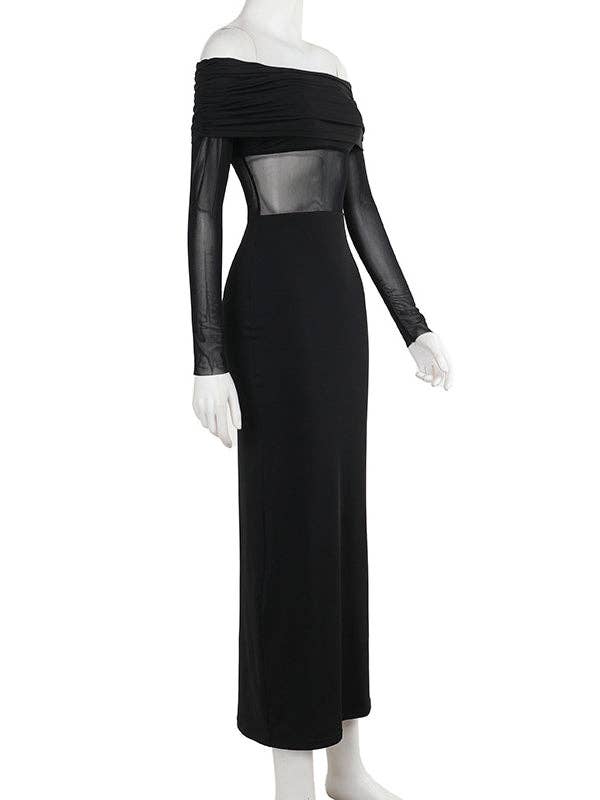 BLACK Long Sleeves Skinny Pleated See-Through Solid Color Split-Joint Off-The-Shoulder Evening Dresses Maxi Dresses for wholesale on Faire5