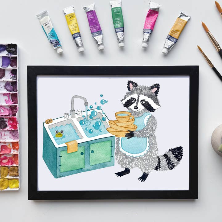 Vaskebjørn Opvaskemaskine Print – Skovkøkken Kunst for engroshandel hos Owlfeathers Watercolor