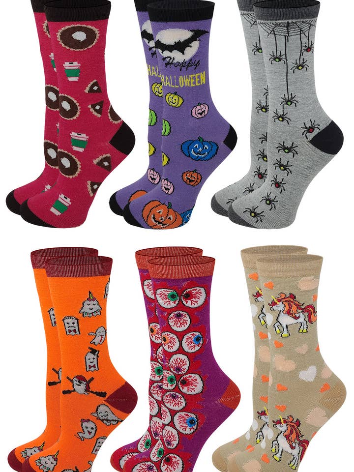 Women 6 Pairs Pack Halloween Fall Novelty Crew Socks for wholesale by Different Touch