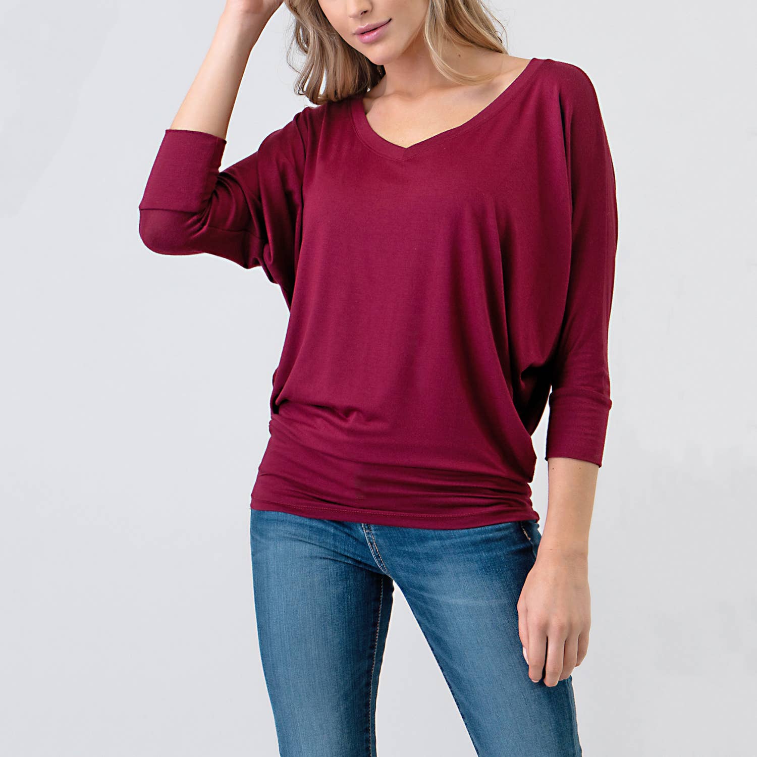 Heimious - Wholesale Knit Top - Women's - 3/4 Dolman Sleeve V-neck Modal Jersey Top, 257350