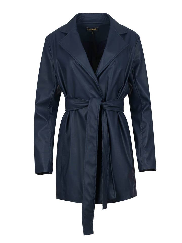 Giacca in ecopelle blu scuro con cintura per la vendita all'ingrosso da parte di conquista