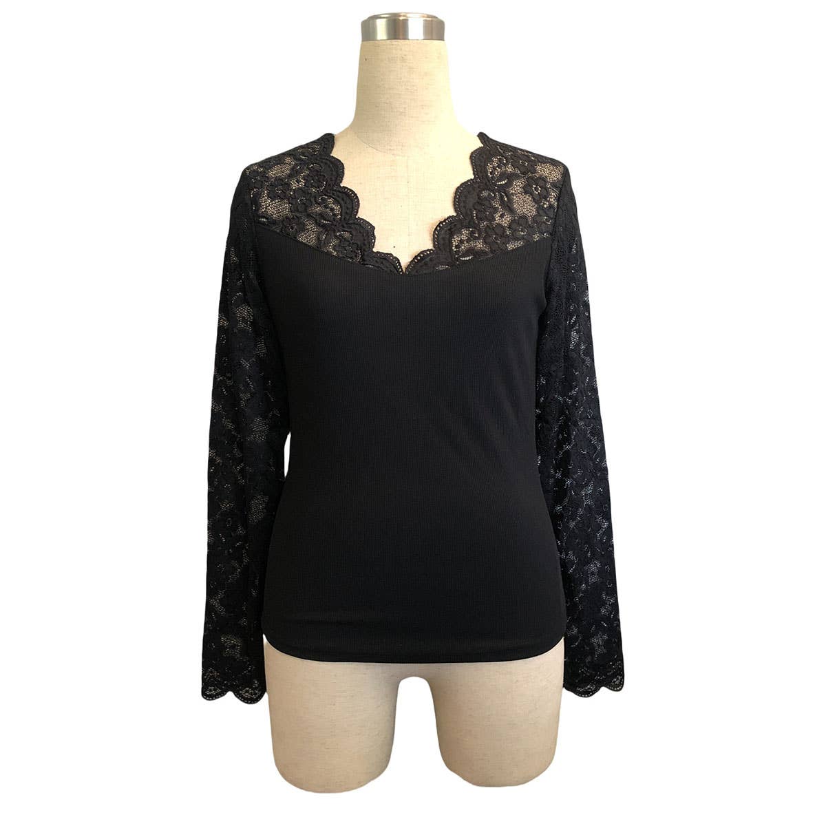 Lily Clothing - Wholesale Blouse - Women's - V-neck lace long-sleeved solid color slim T-shirt6