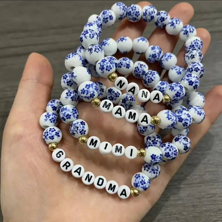 Our Home to Yours Candles & Gifts - Wholesale Beaded Bracelet - Blue White Beaded Bracelet Mimi, Mama, Nana, Grandma
