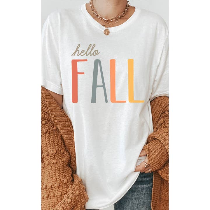 Colorful Hello Fall Graphic Tee for wholesale by Kissed Apparel
