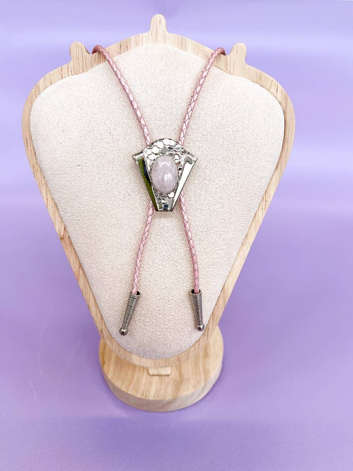 Rose Quartz Silver Bolo Tie - Gemstone Western Jewelry for wholesale by Velvet Outlaw