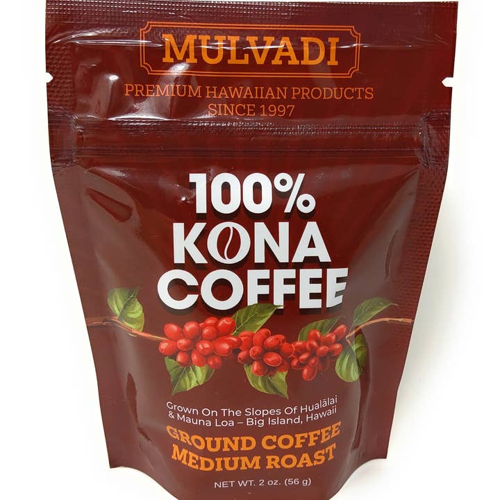 Mulvadi 100% Kona Coffee Ground Medium Roast 2 oz Single Origin Hawaii USA for wholesale by Mulvadi Corporation
