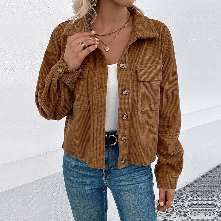 Brown Vintage Corduroy Lapel Pocket Single-Breasted Jacket for wholesale on Faire