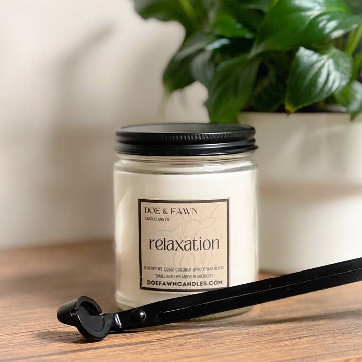 RELAXATION / 8 oz. clear jar w/ black lid for wholesale by Doe & Fawn Candles and Co.