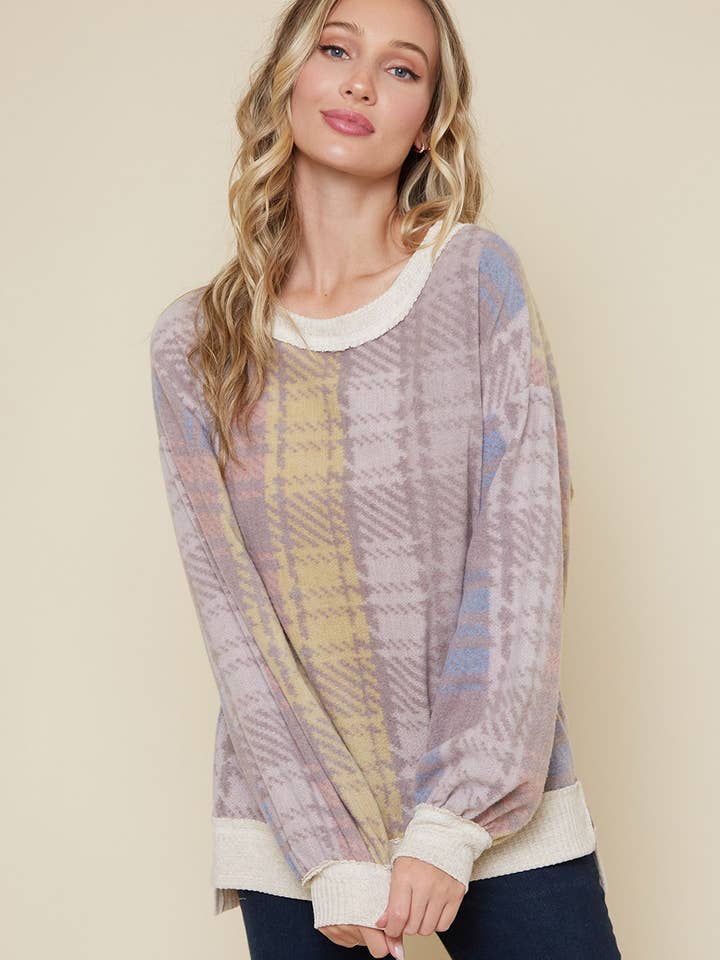 PLUS ST3118JP TAUPE MULTI SUPER SOFT PLAID SWEATER WITH CONT for wholesale by Saints & Hearts