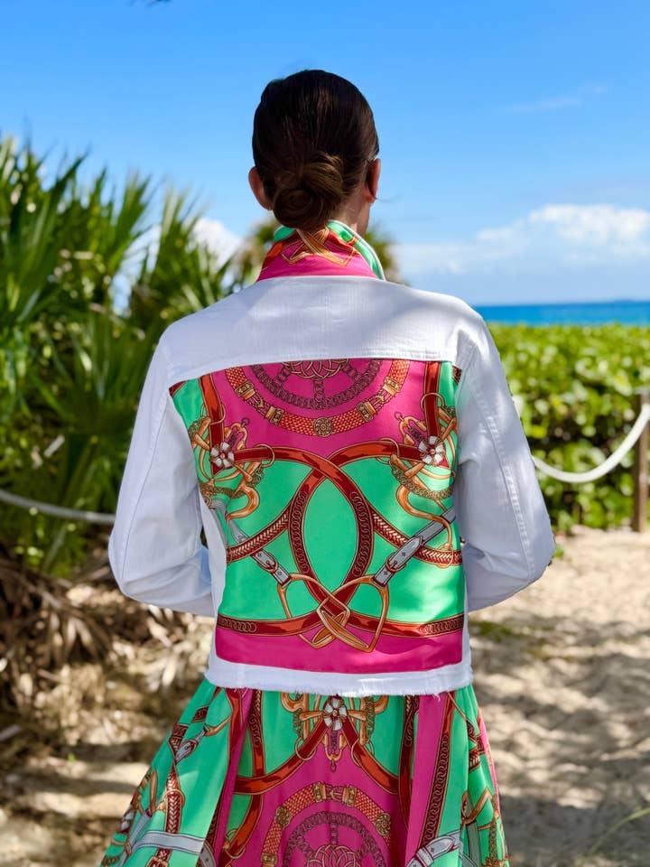 The White Denim Jacket / Turquoise & Pink Stirrup for wholesale by Stacy Bradley Design