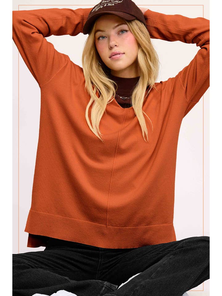 La Miel - Wholesale Knit Sweater - Women's - JBS3122-Stretchy V-neck Long Sleeve Lightweight Knit Top