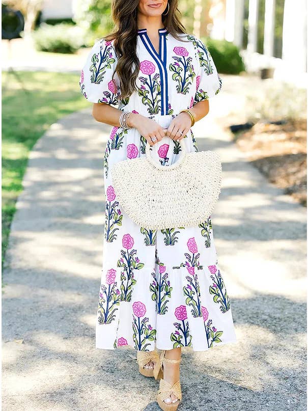 Rosa Clothing - Wholesale Dress - Women's - Boho resort V-neck floral babydoll dress