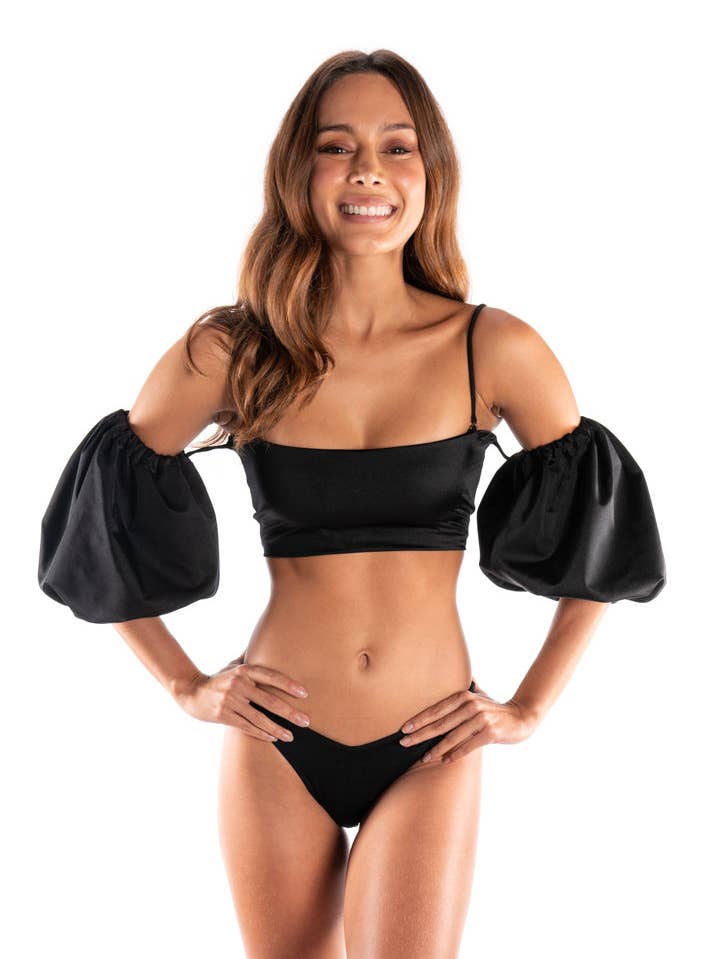 Loreto Bandeau Top with Off-the-Shoulder Sleeves in Caviar for wholesale by SANLIER