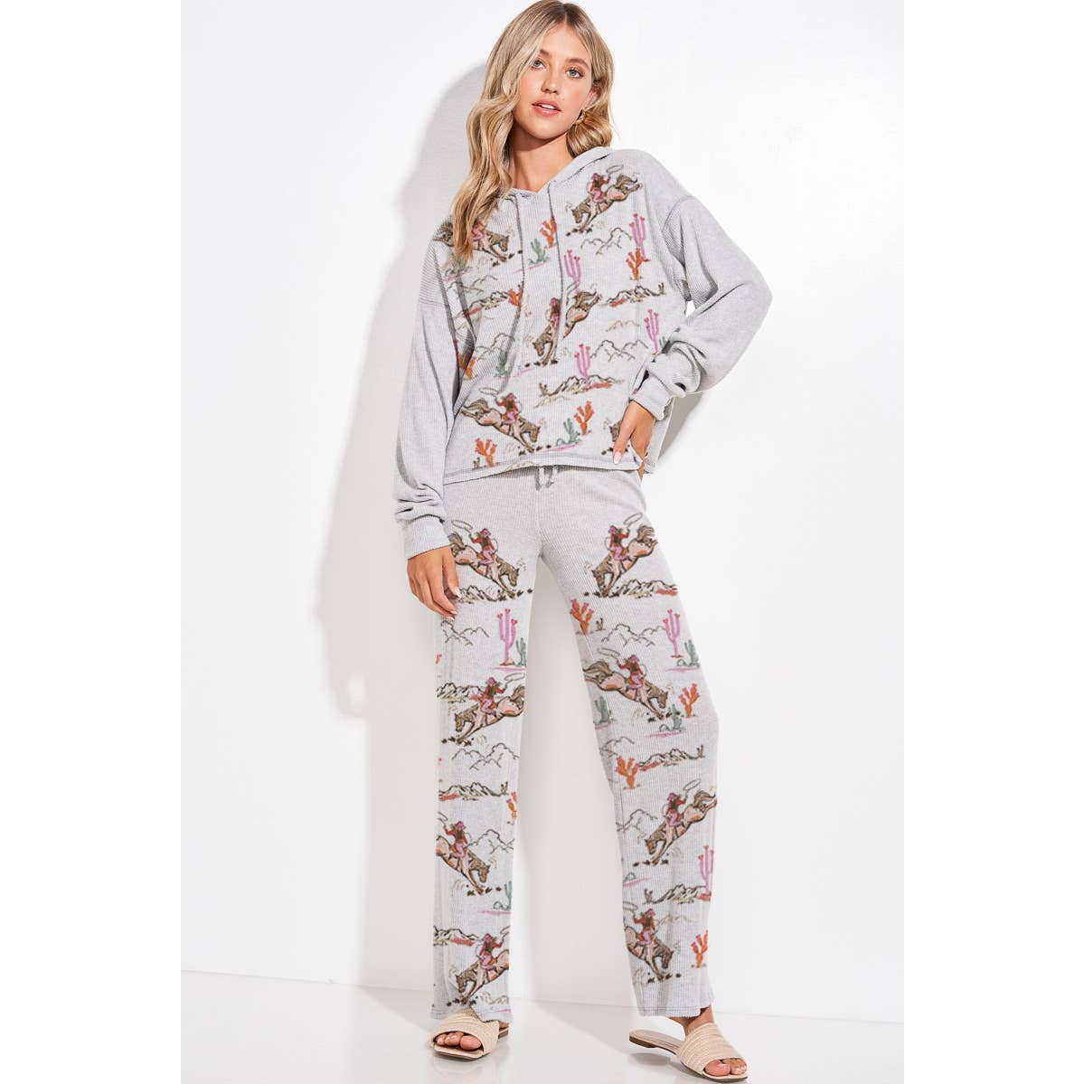 Phil Love - Wholesale Lounge Set - Women's - Desert Cowgirl Print Rib Hoodie Loungewear Set 5