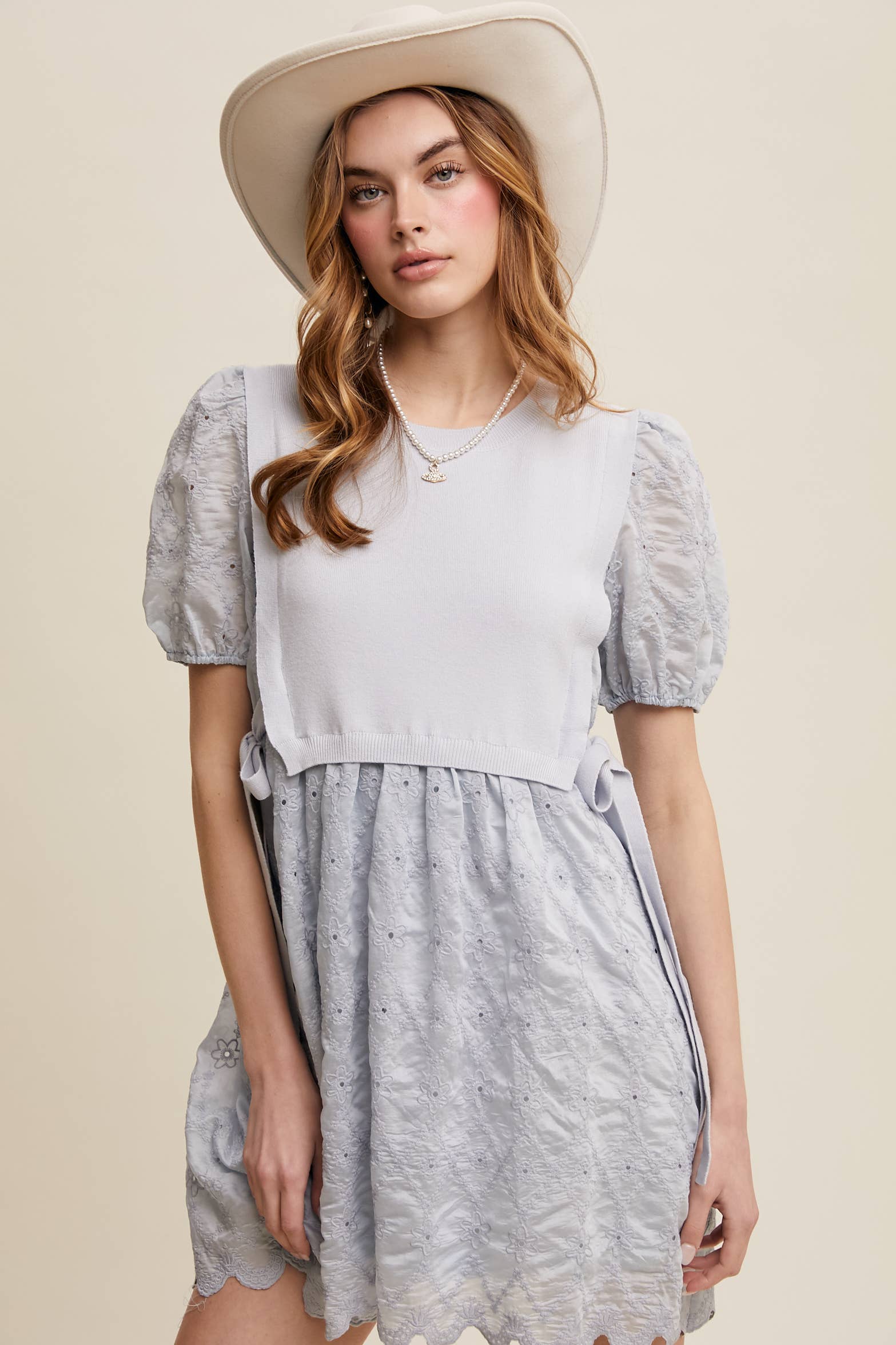 Listicle - Wholesale Dress - Women's - Embroidered Puff Sleeve Dress with Knit Vest18