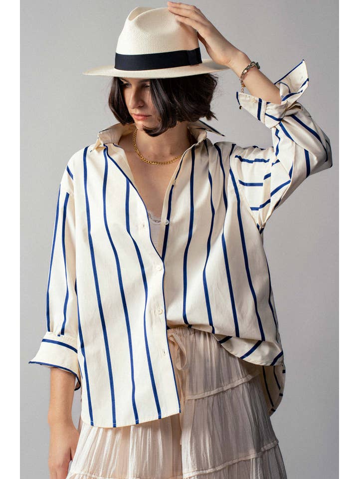 IVORY BLUE Oversized Coastal Stripe Button-Down Shirt for wholesale on Faire