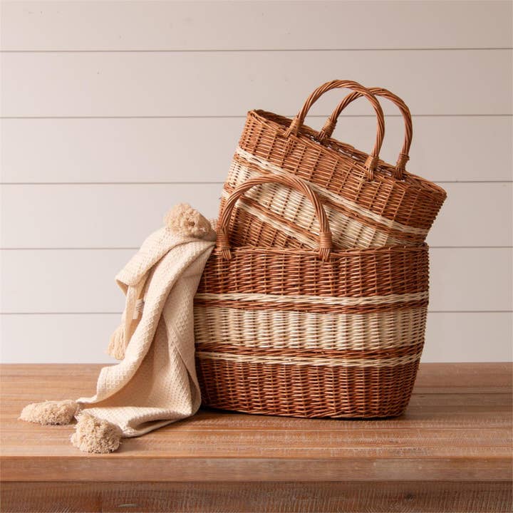 Audrey's Home & Gift - Wholesale Basket - Tan And Cream Striped Wicker Baskets (Set Of 02)