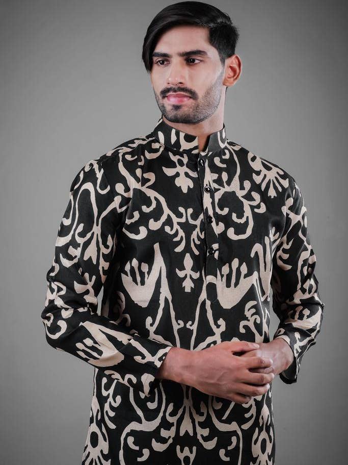 Elina Fashion - Wholesale Top & Pant Set (NOT Loungewear) - Men's - Men's Black Color Indian Traditional Wear Tunic Cotton Kurta Pajama Set