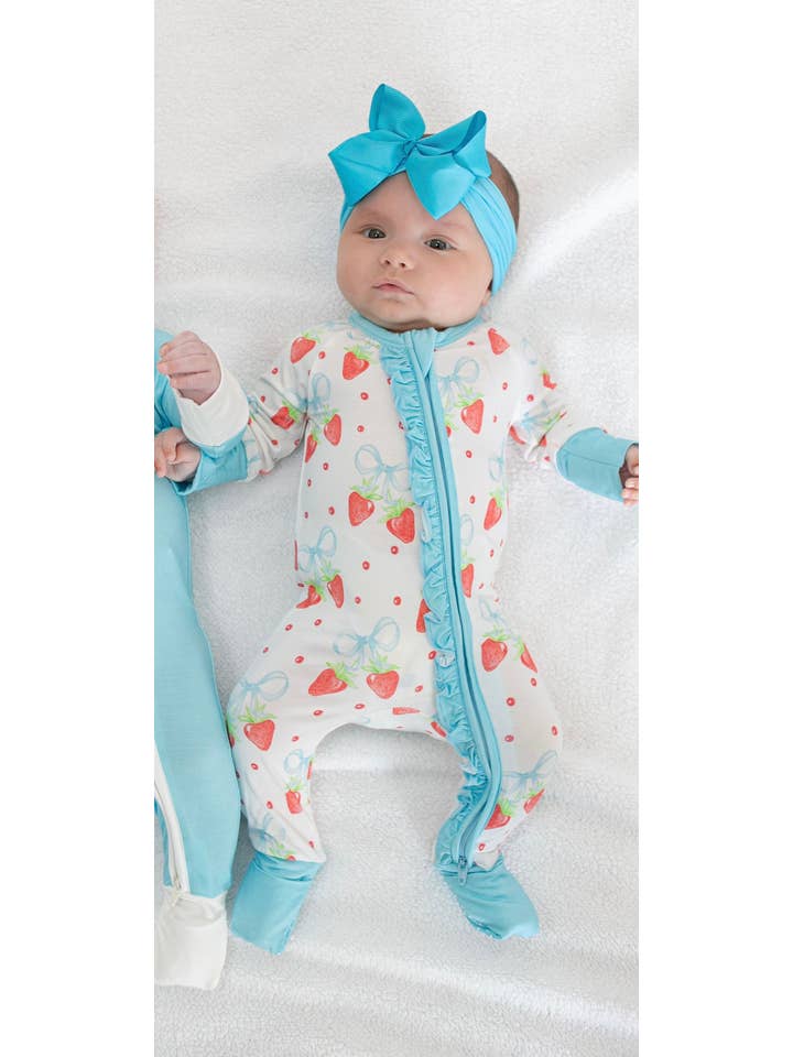 Sweet Bay Clothing - Wholesale Jumpsuit - Baby - Strawberries and Bows Ruffled Zipper Onesie