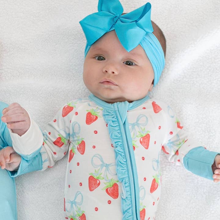 Strawberries and Bows Ruffled Zipper Onesie for wholesale by Sweet Bay Clothing