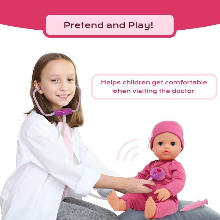 The New York Doll Collection - Wholesale Doll Accessory Kit - Kids - Interactive 16” Baby Doll Toy Doctor Kit Set for Kids – Pink