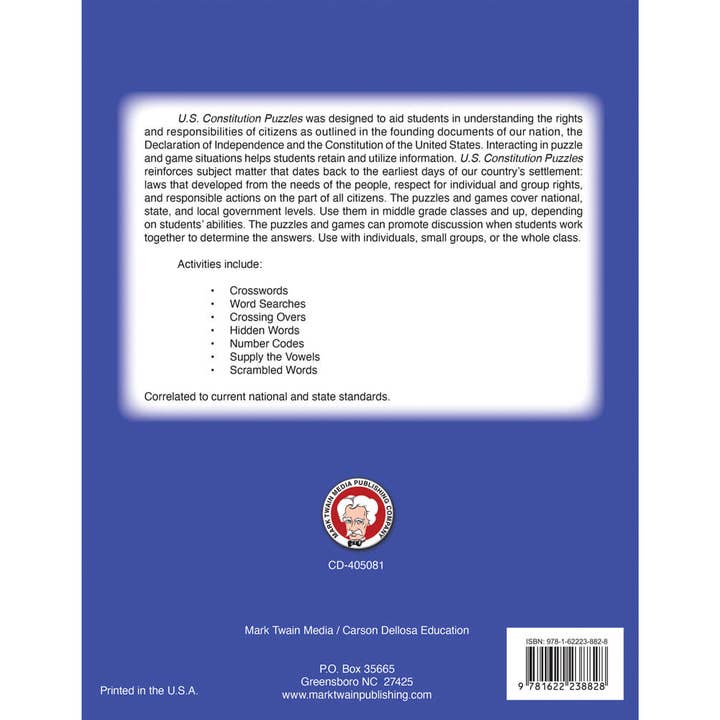 Carson Dellosa Education - Wholesale Book - Kids - U.S. Constitution Puzzles Workbook, Grades 5 - 12