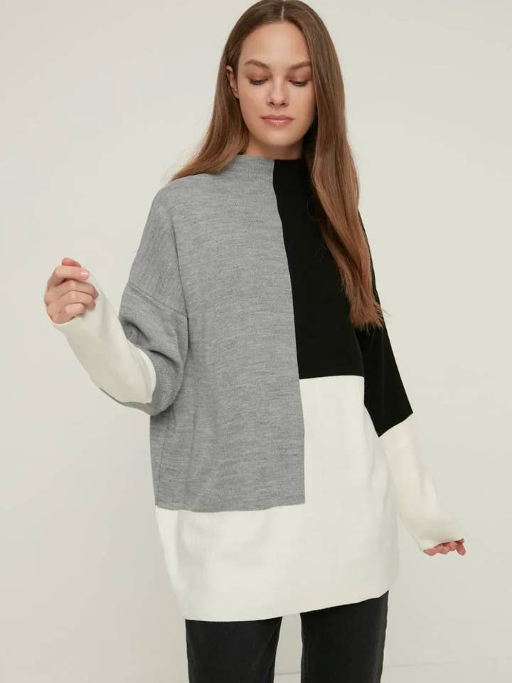 Blocked High Neck Knit Sweater for wholesale by Hoxton Gal