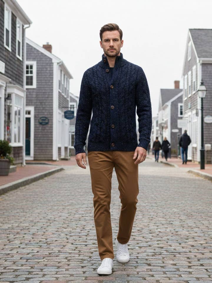 Donegal Blue Cashmere Cable Cardigan for wholesale by Hommard