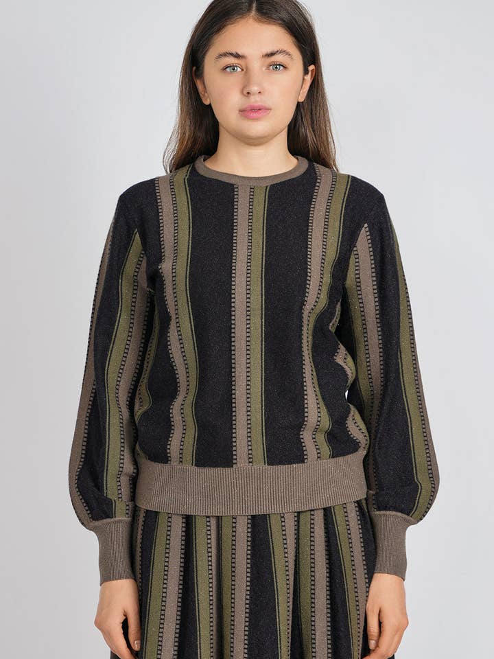 Olive Knit Sweater with Black Lanes for wholesale by Miss Finch NYC