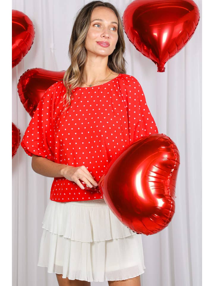 Rood Boothals Pofmouw Hartjesprint Blouse Top VT82337H voor groothandel op Faire16