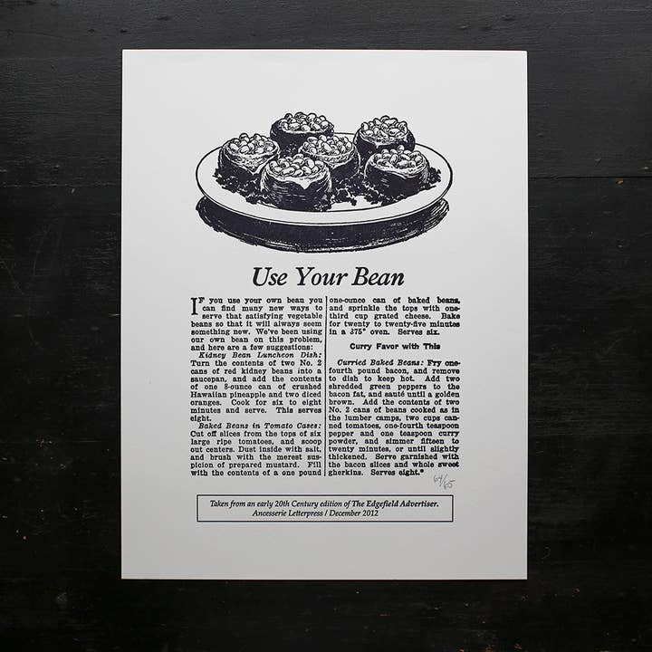 Bean Recipe Print for wholesale by Ancesserie Letterpress
