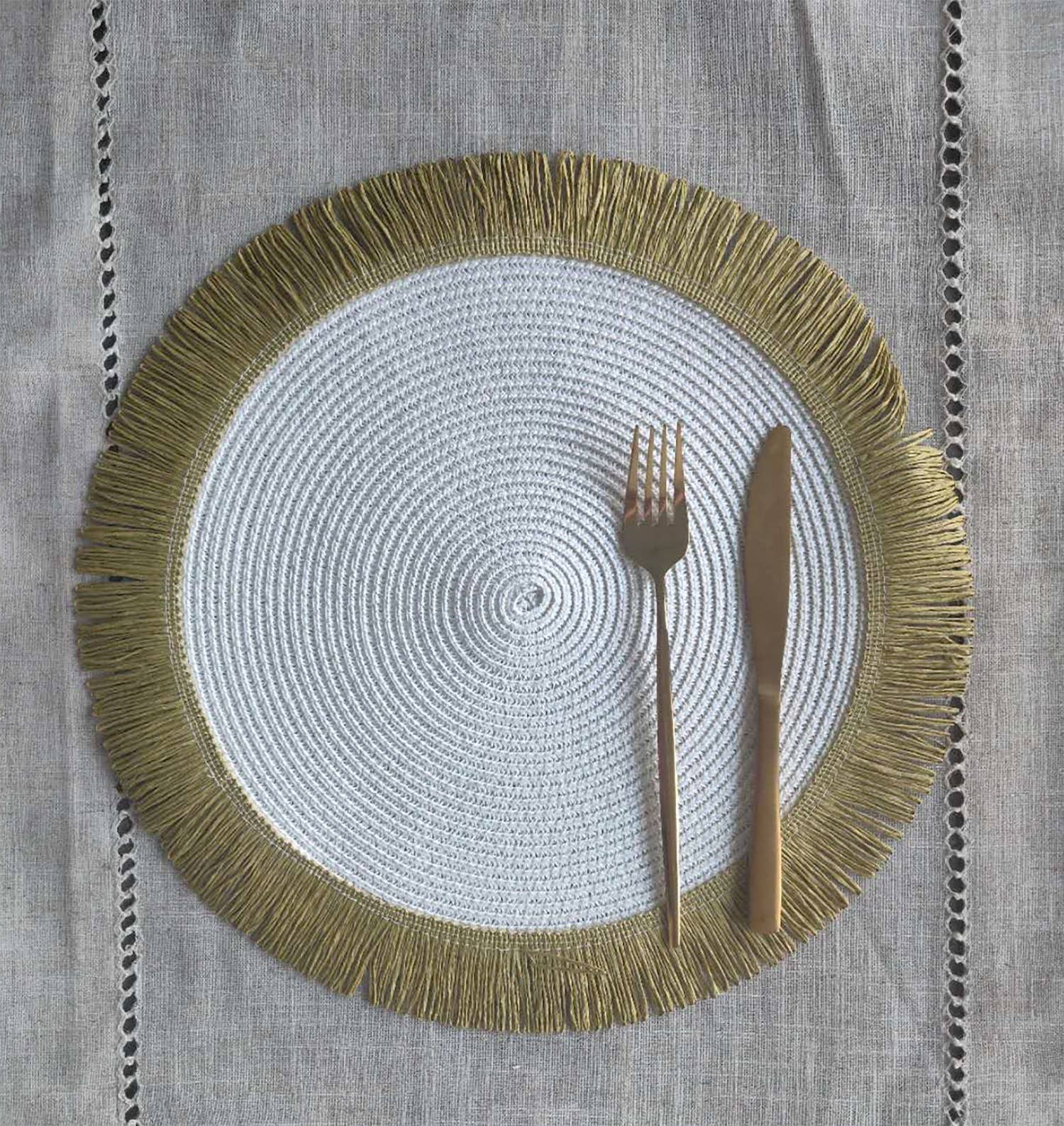 Fennco Styles - Wholesale Placemat - Handwoven Fringe Boho 15" Round Placemat13