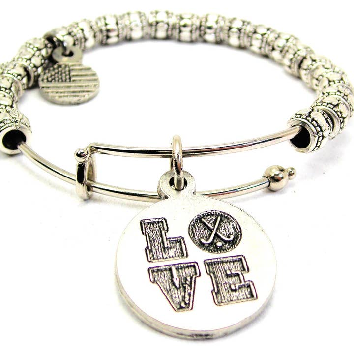 Love With Field Hockey Sticks Metal Beaded Bracelet Sports for wholesale by Chubby Chico Charms