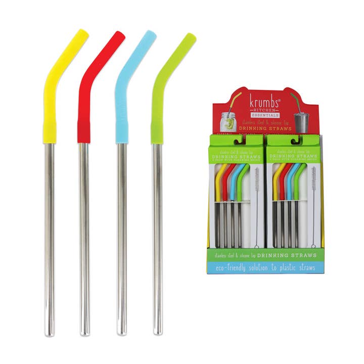 DM Merchandising - Wholesale Drinking Straw - Krumbs Kitchen 4 Pack Stainless Steel Straws + Brush Cleaner
