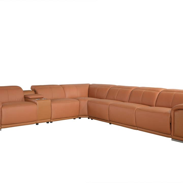 Camel Italian Leather Power Reclining U Shaped Seven Piece Corner Sectional With Console for wholesale by HomeRoots