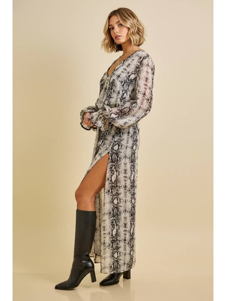 COMBO GRIS Robe longue imprimée serpent de printemps avec écharpe en vente sur Faire1
