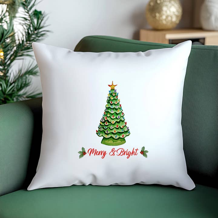 Merry & Bright - Watercolor Throw Pillow - Christmas for wholesale by Moonlight Makers