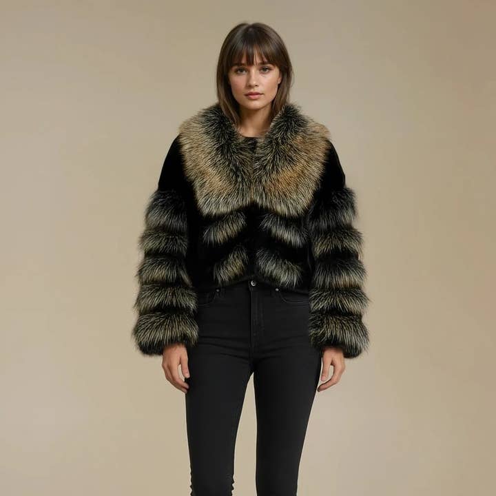 Chic Multi-Textured Faux Fur Coat in Black DH16 for wholesale by PEACH ACCESSORIES