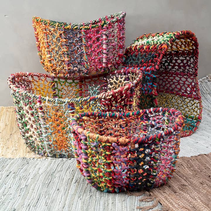 India Handicrafts Inc - Wholesale Basket - Colorful Tall Jute Baskets, Set of 4