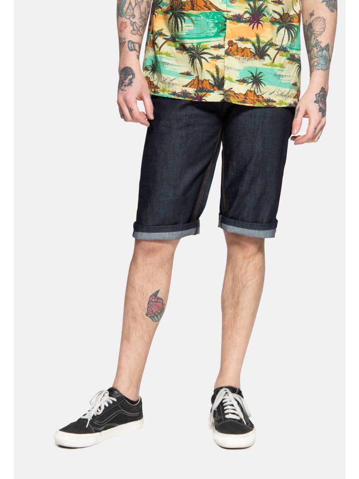 mørkeblå 50'er-stil arbejdsshorts i denim med pintstribe og syninger for engroshandel på Faire1