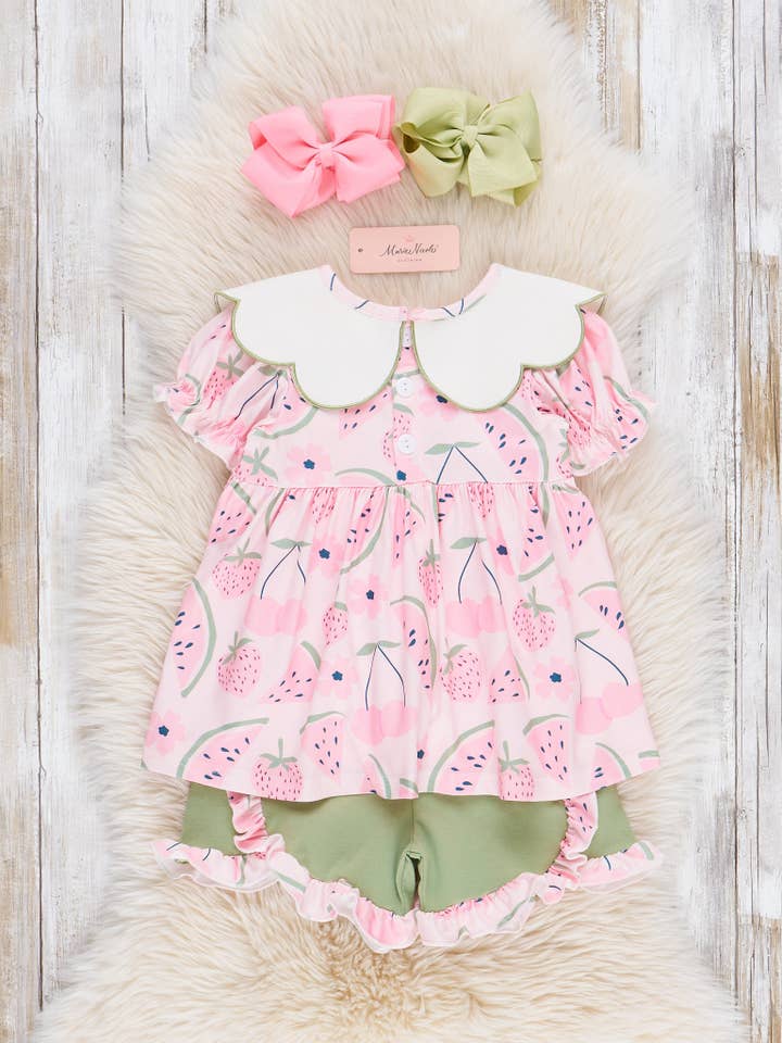 Marie Nicole Clothing - Wholesale Top & Short Set - Kids - Watermelon Pops Embroidered Ruffle Outfit