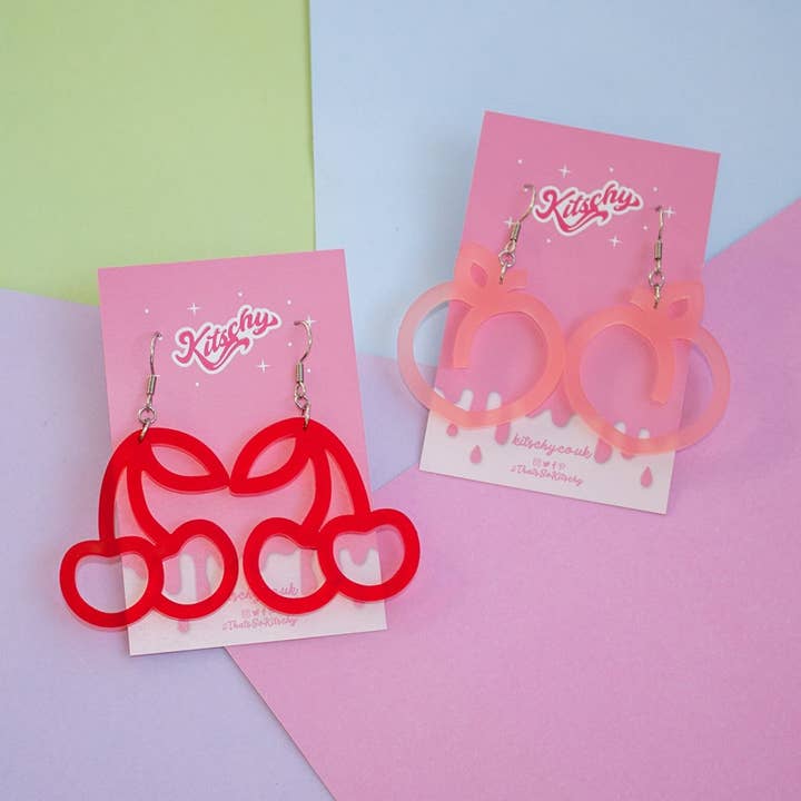 Frosted Fruit Earrings Cherry Peach Laser Cut Acrylic for wholesale by Kitschy