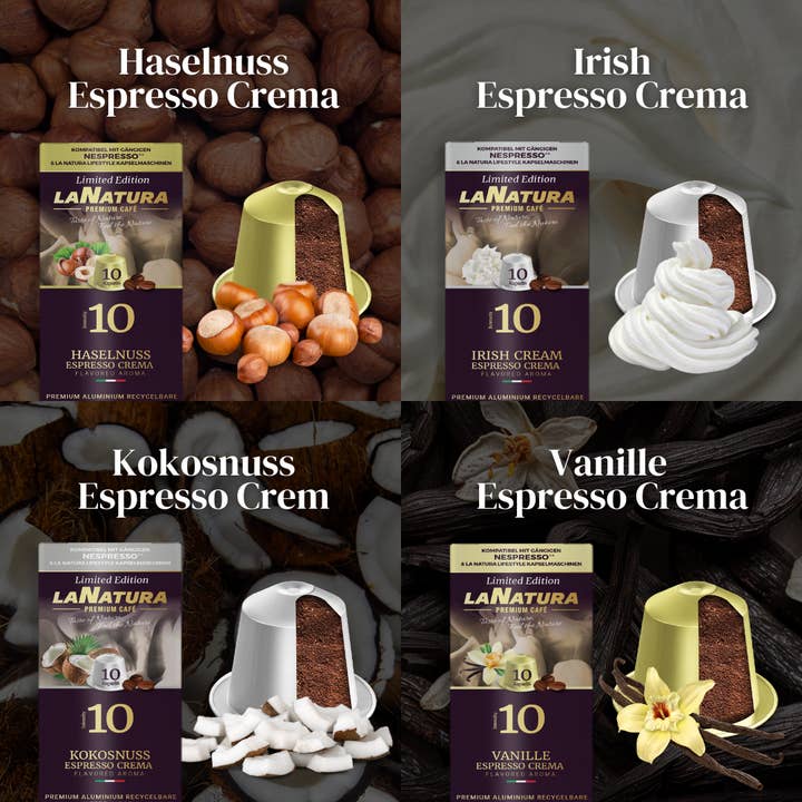 La Natura Lifestyle BIO GmbH - Vendita all'ingrosso Cialde caffè - La Natura Lifestyle CONFEZIONE ASSAGGIO, 80 capsule di caffè e tè compatibili con macchine da caffè Nespresso³, Mirtillo, Caramello-Miele, Caffè Irlandese, Marshmallow, Nocciola, Vaniglia, Cocco, Tè Matcha