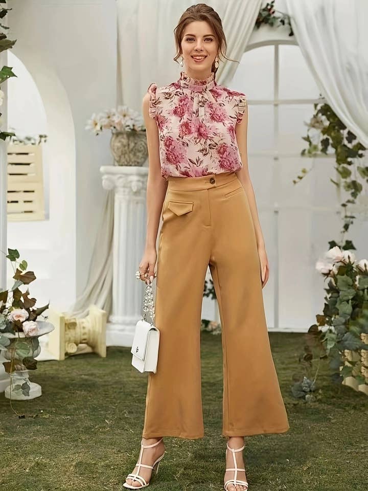 MULTICOLOR Floral print elegant sleeveless ruffled shirt for wholesale on Faire