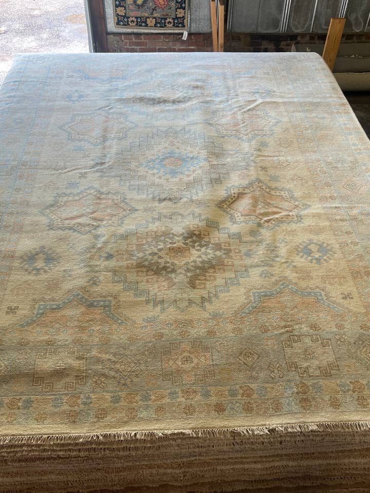 Sonia 9x12.1 Cream and Blue Hand-Knotted Oushak for wholesale by Banana Manor Rug Co.