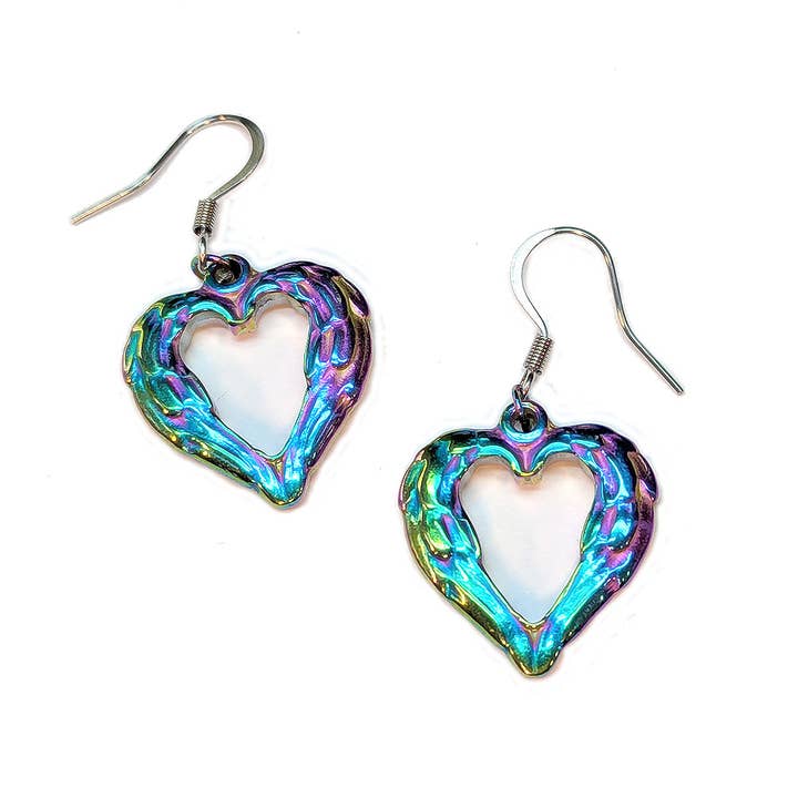 Stainless Steel Textured Chunky Heart Pendant Rainbow Earrings for wholesale by Stylish Jewelry Supply